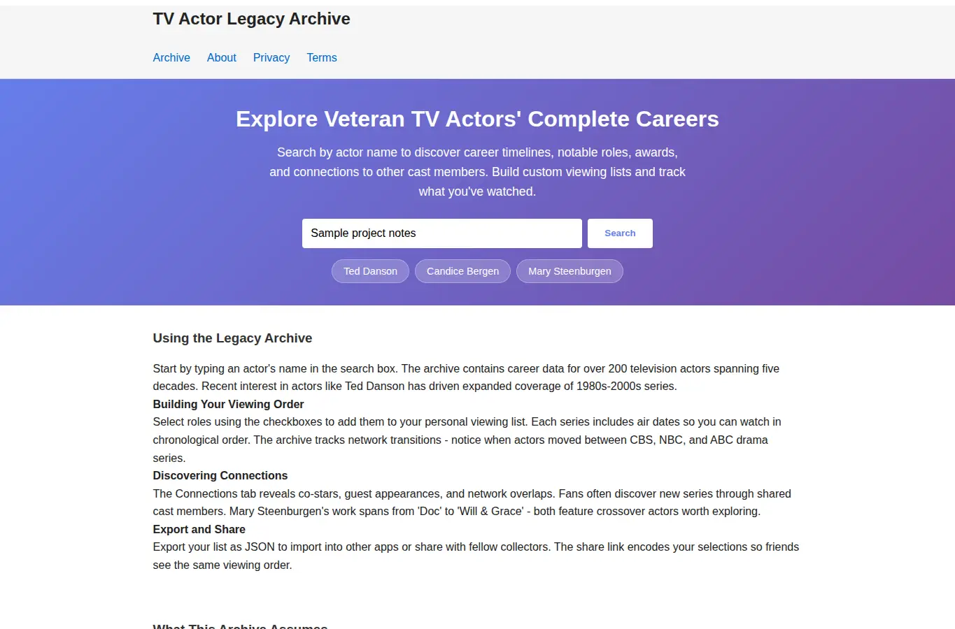 Screenshot of TV Actor Legacy Archive interface showing the project page in use